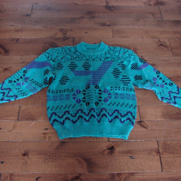 Vintage Green Purple Black Unbranded Geometric Shoulder Pads Crewneck Sweater - Picture 6 of 11